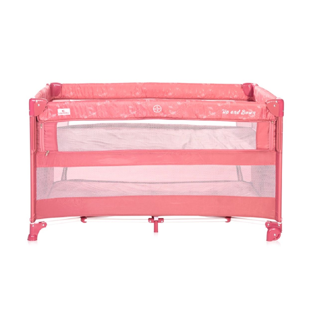 Rosa Baby-Reisebett mit Netzseite. Das Bett hat ein einfaches, unkompliziertes Design.