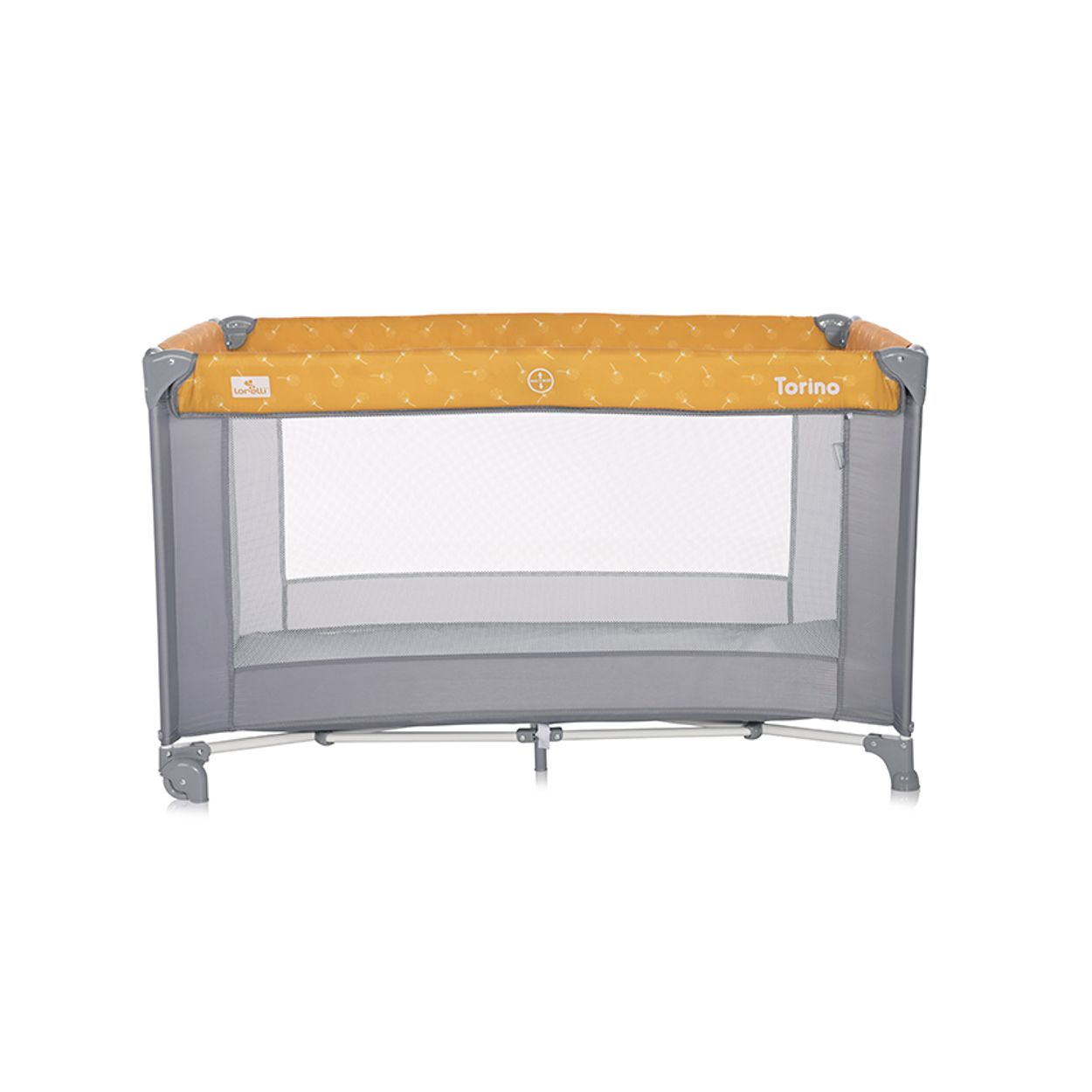 Una cuna para bebés con laterales de malla gris y borde superior amarillo sobre fondo blanco.