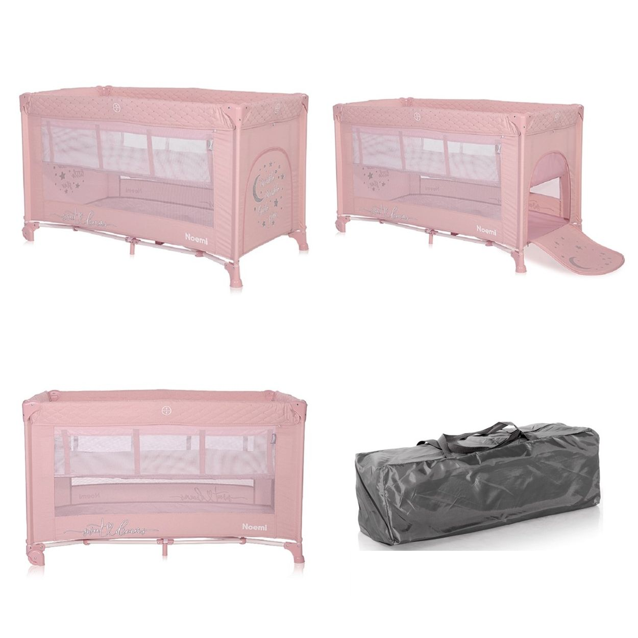 Ein rosa Baby-Reisebett mit verschiedenen Ansichten und einer grauen Tragetasche.