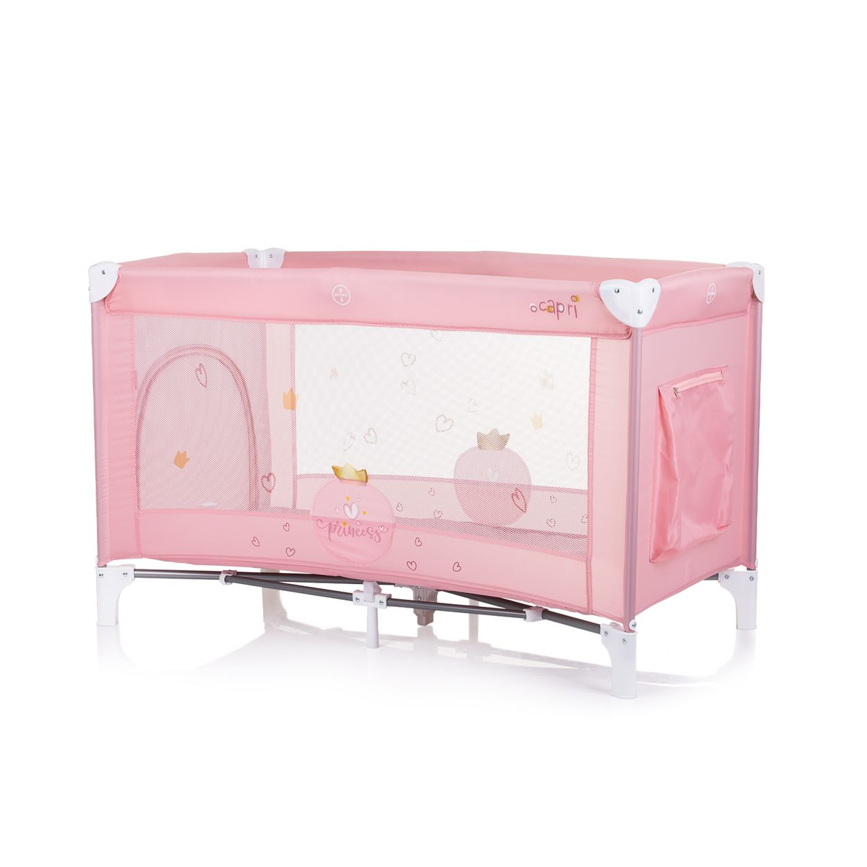 Ein pinkfarbener Laufstall für Babys mit Prinzessinnen-Motiv, weißem Rahmen und Seitentasche.