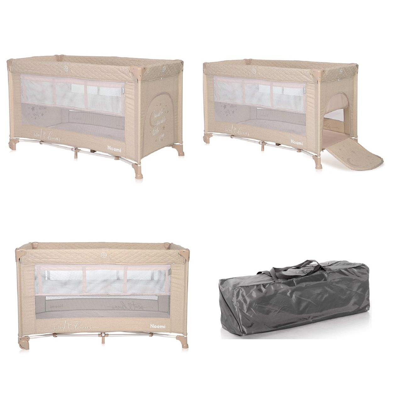 Múltiples imágenes de una cuna de viaje beige, que se muestran en diferentes configuraciones, con una bolsa de transporte.