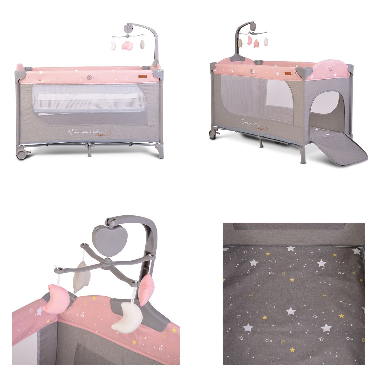 Baby-Reisebett, mehrere Ansichten, mit rosa und grauer Dekoration.