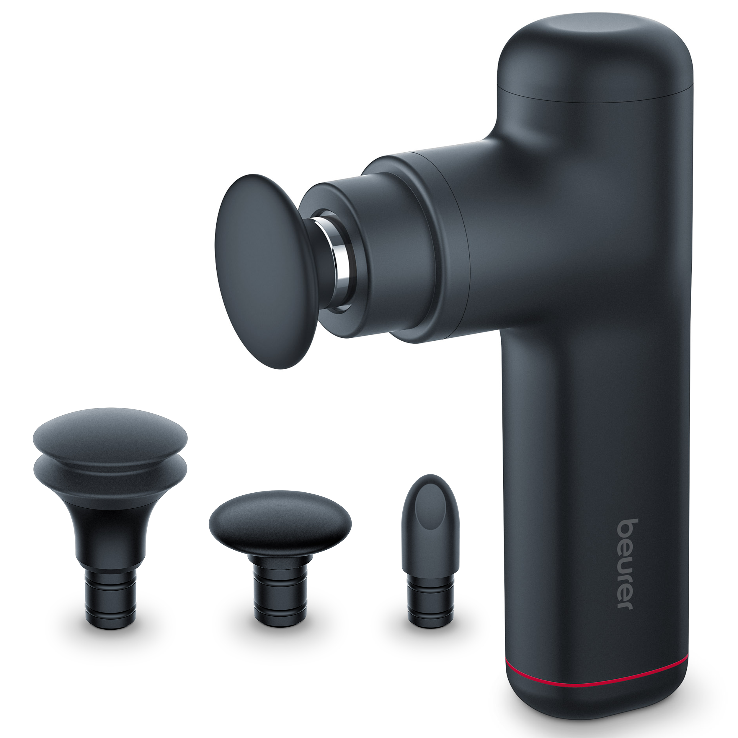 Black massage gun with multiple attachments on a white surface. The gun has a red accent.