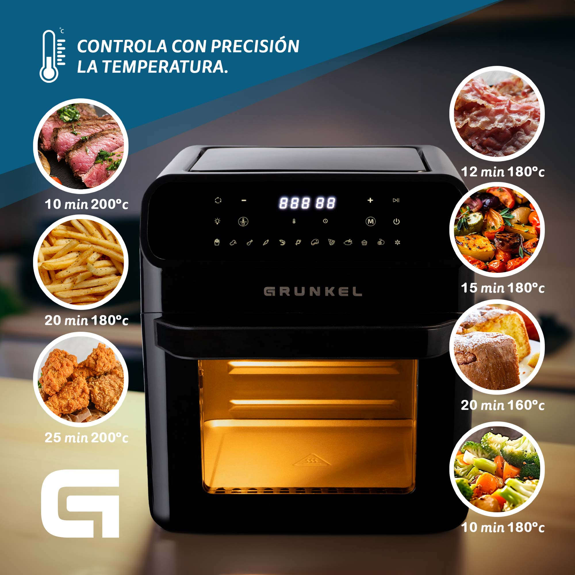Friggitrice ad aria nera con pannello di controllo che mostra tempi e temperature di cottura per i cibi.