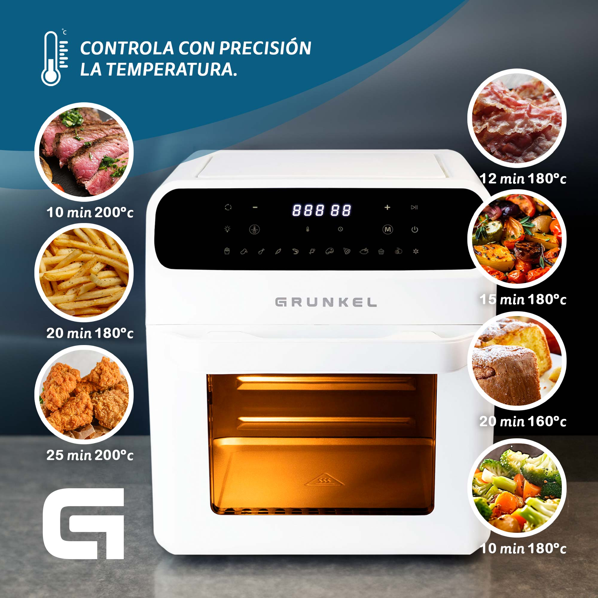 Freidora de aire blanca con imágenes de comida, incluyendo carne, papas fritas y pollo.