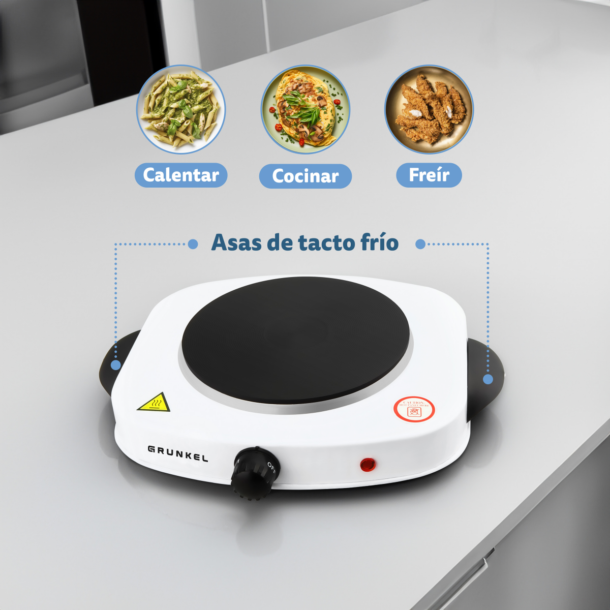 Cocina eléctrica blanca con tres imágenes de comida y etiquetas: Calentar, Cocinar, Freír. Asas negras.