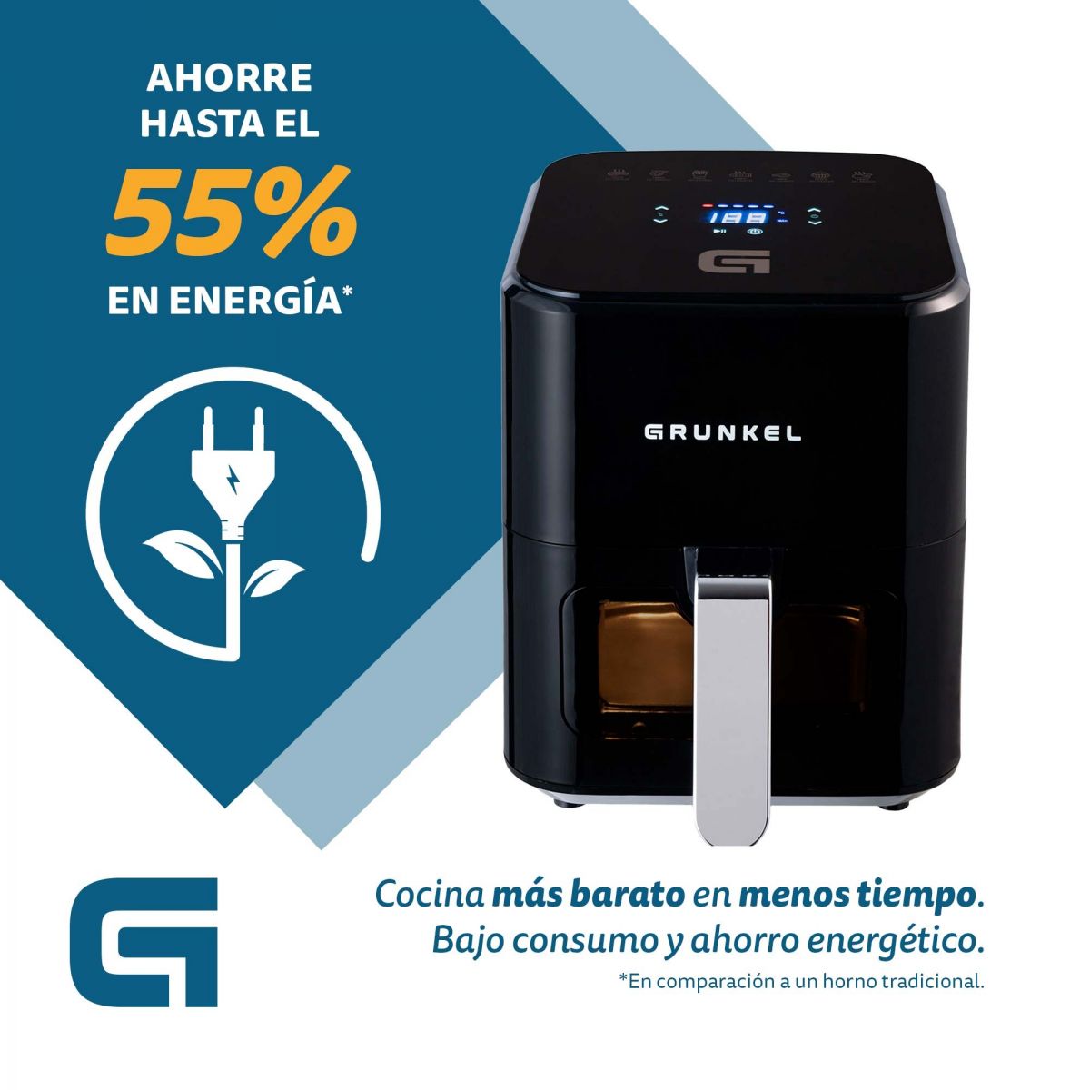 Freidora de aire negra con asa plateada. Texto destaca ahorro energético. Fondo azul.