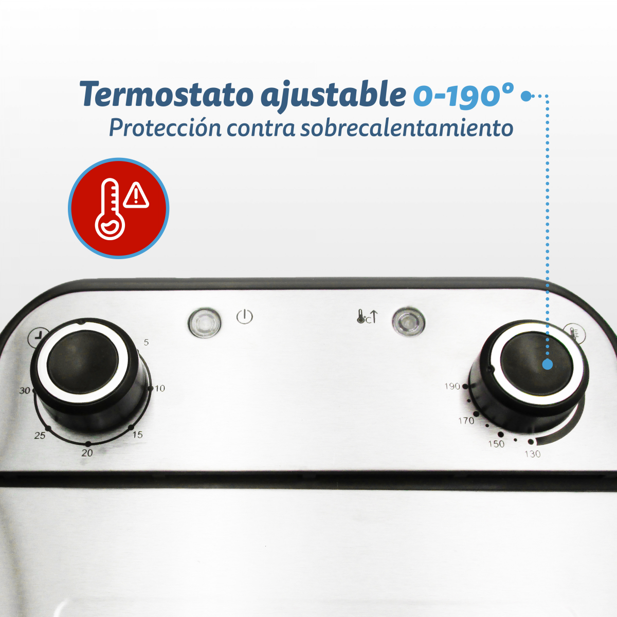 Panel de control de freidora de aire. Termostato ajustable 0-190 grados. Icono de advertencia rojo.