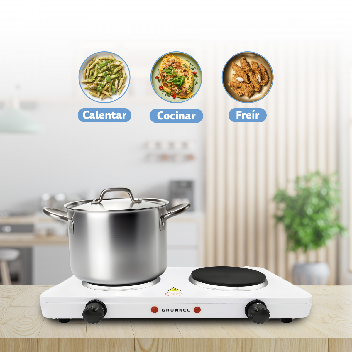 Encimera eléctrica blanca con dos quemadores. Una olla encima. Imágenes de comida preparada arriba.