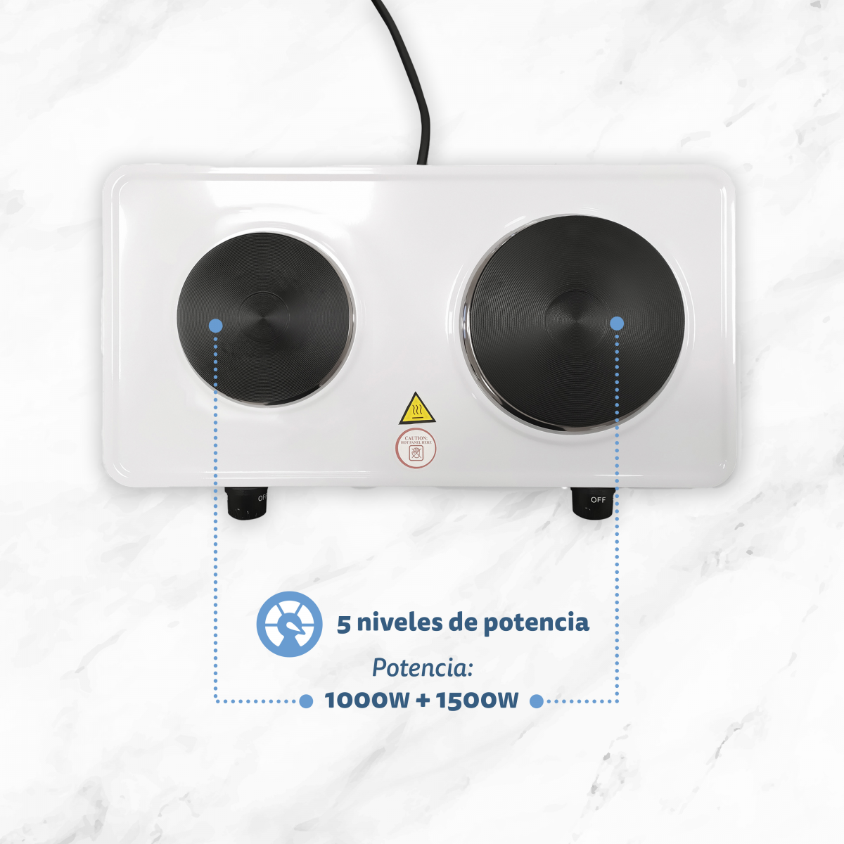 Placa de cocción doble blanca con dos quemadores negros. Texto indica niveles de potencia, hay un símbolo de advertencia.