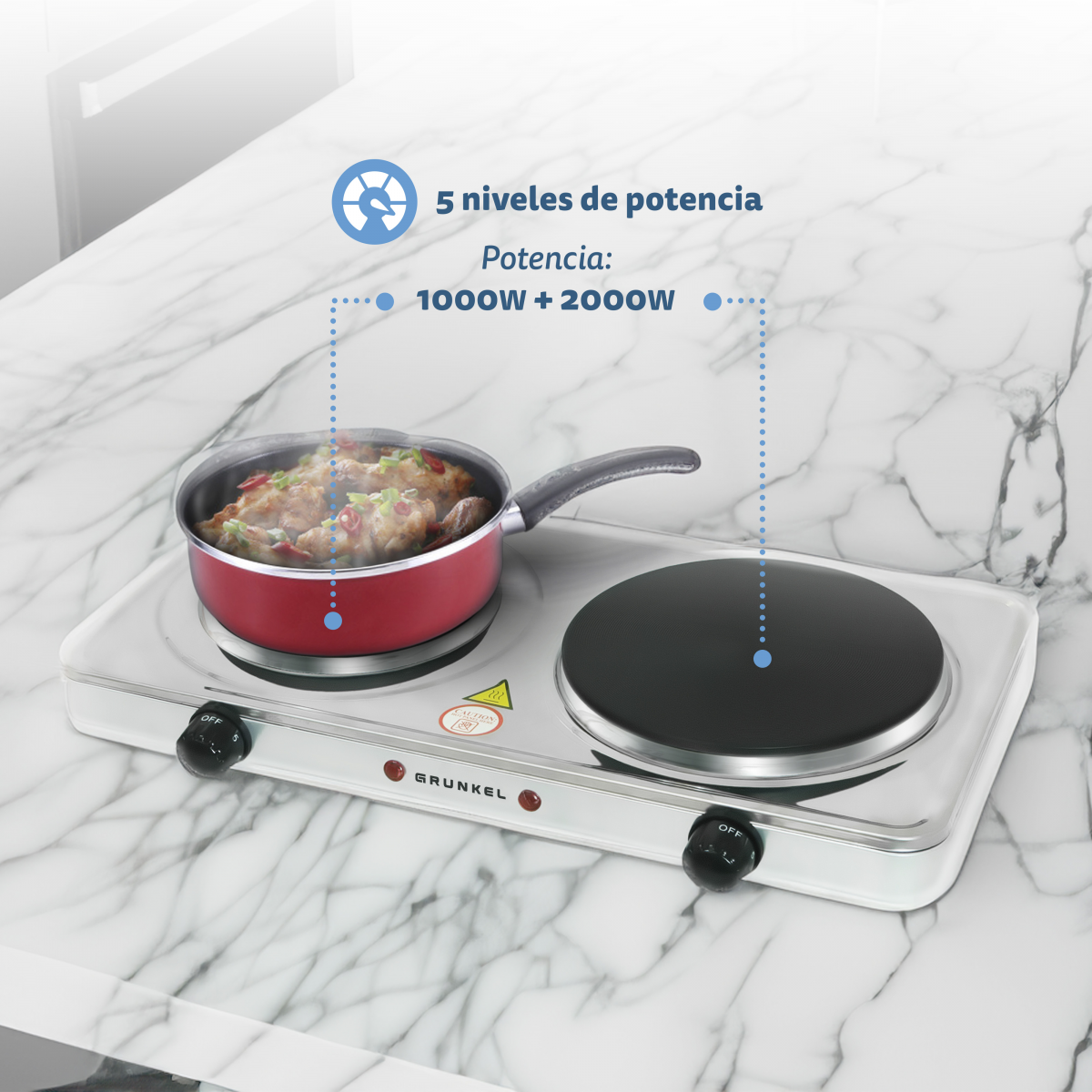 Cocina eléctrica con dos quemadores y una olla roja con comida.