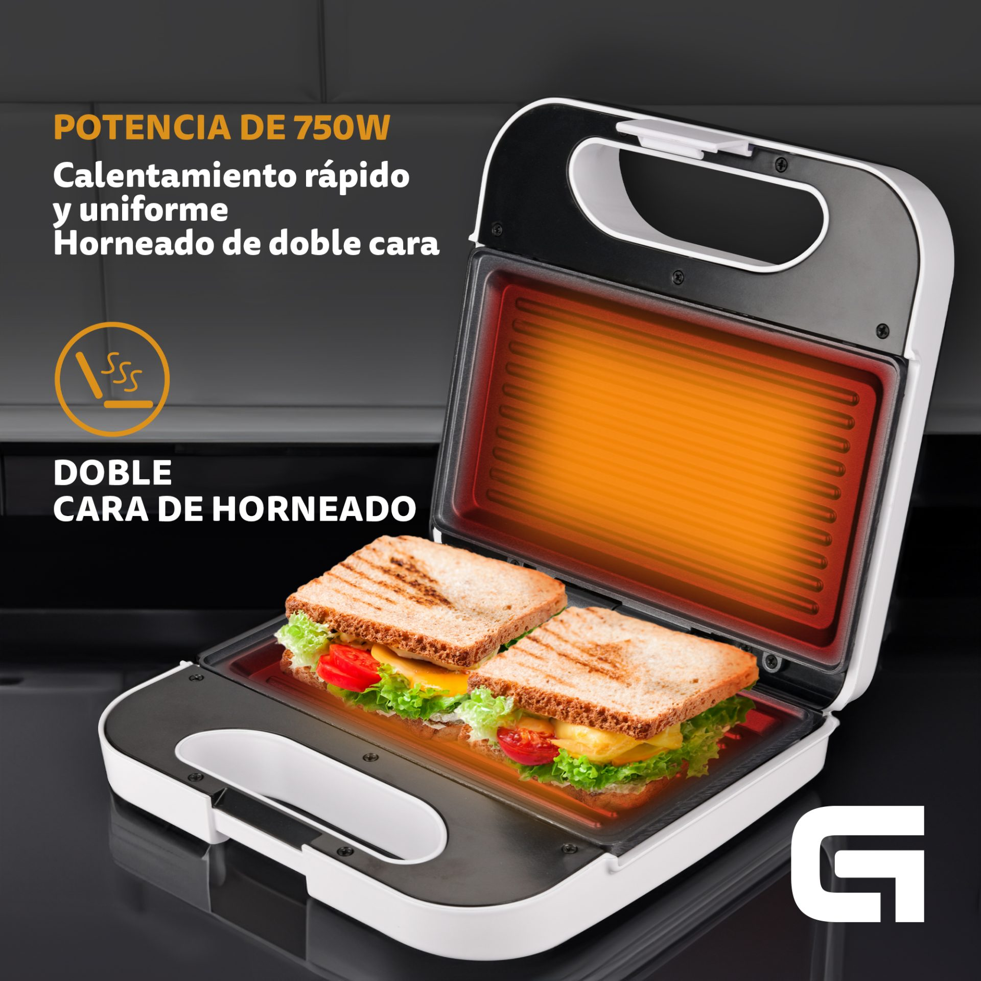 Sandwichera con dos sándwiches, texto y logo. Los sándwiches están en la sandwichera. Fondo negro.