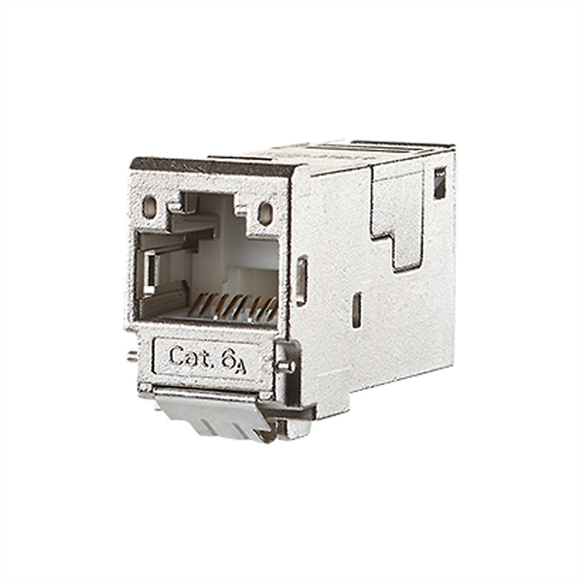 Connettore RJ45 argentato con corpo metallico ed etichetta CAT. 6A.