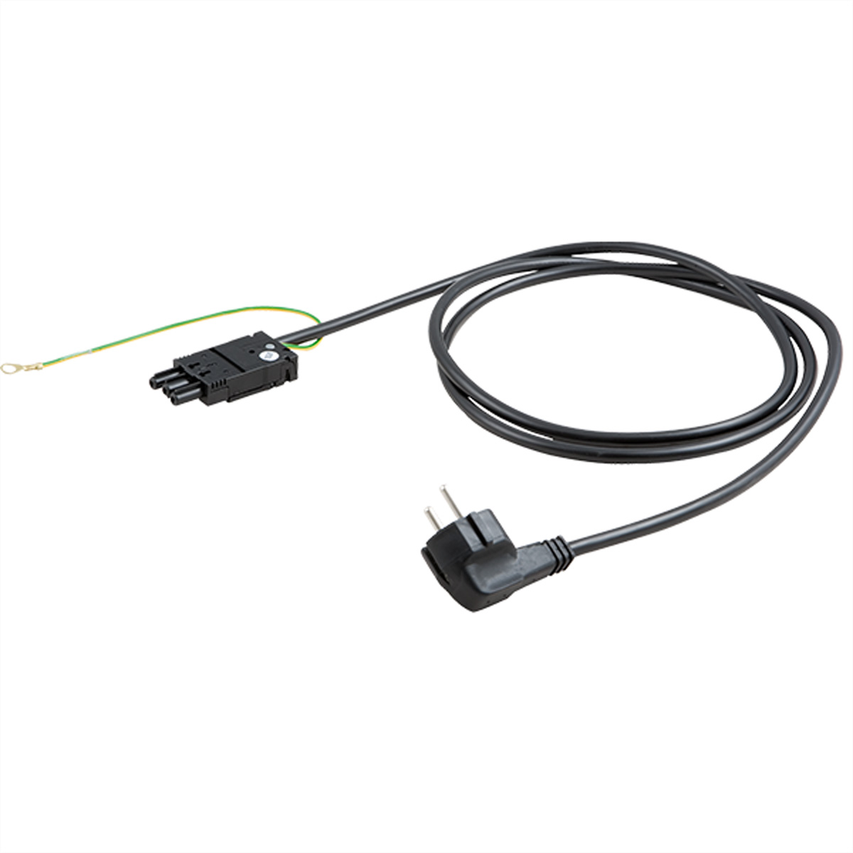 Zwarte voedingskabel met connector en stekker. Geïsoleerd op een witte achtergrond.