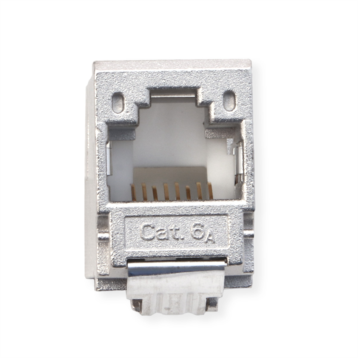 Connettore di rete argentato con etichetta 'Cat. 6A'.