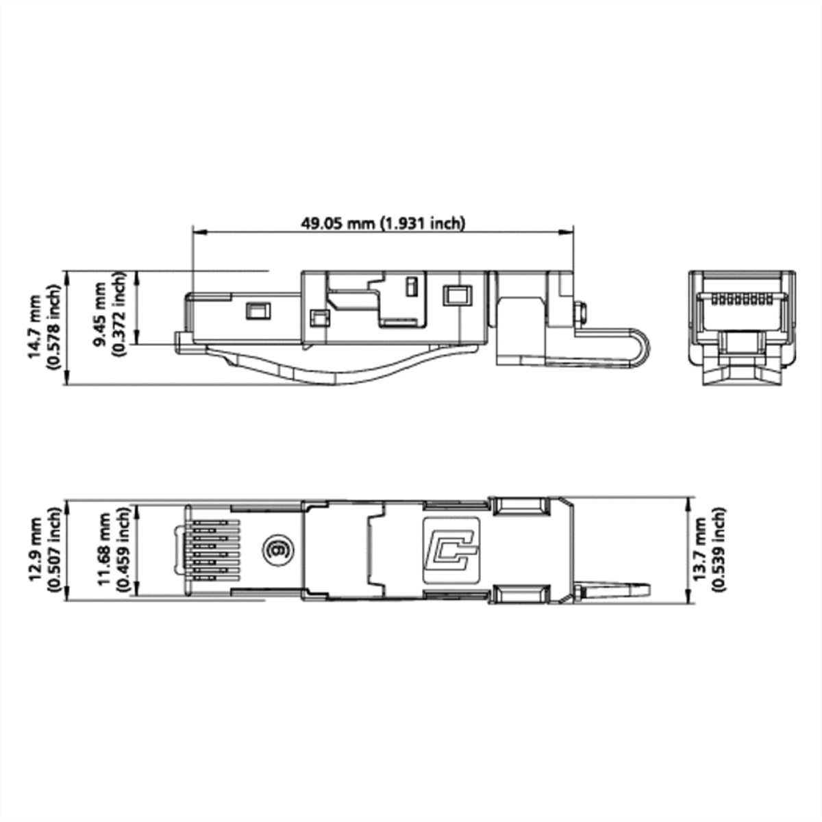 Disegno tecnico di un connettore di rete, comprese le dimensioni e le etichette per ogni parte.