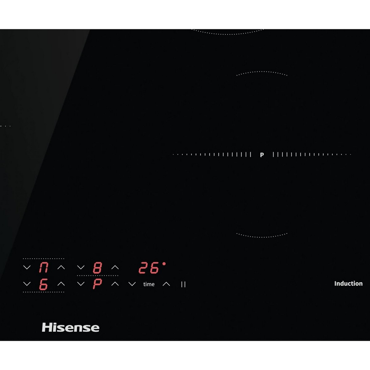 Czarna płyta indukcyjna Hisense z cyfrowym wyświetlaczem i sterowaniem dotykowym, pokazująca temperaturę.