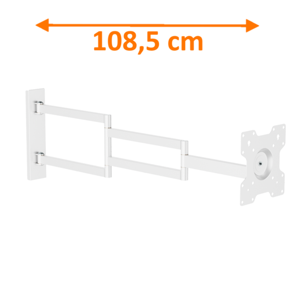 Weiße TV-Wandhalterung, voll ausgefahren, mit Pfeil auf 108,5 cm Länge.