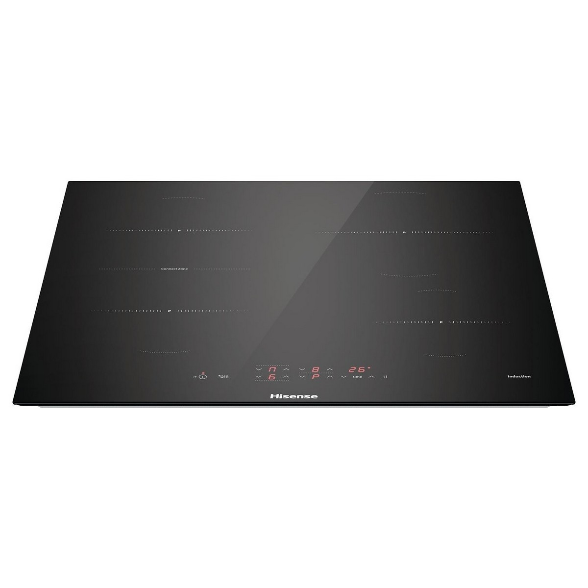 Czarna płyta indukcyjna. Widoczne cztery strefy gotowania. Białe tło.