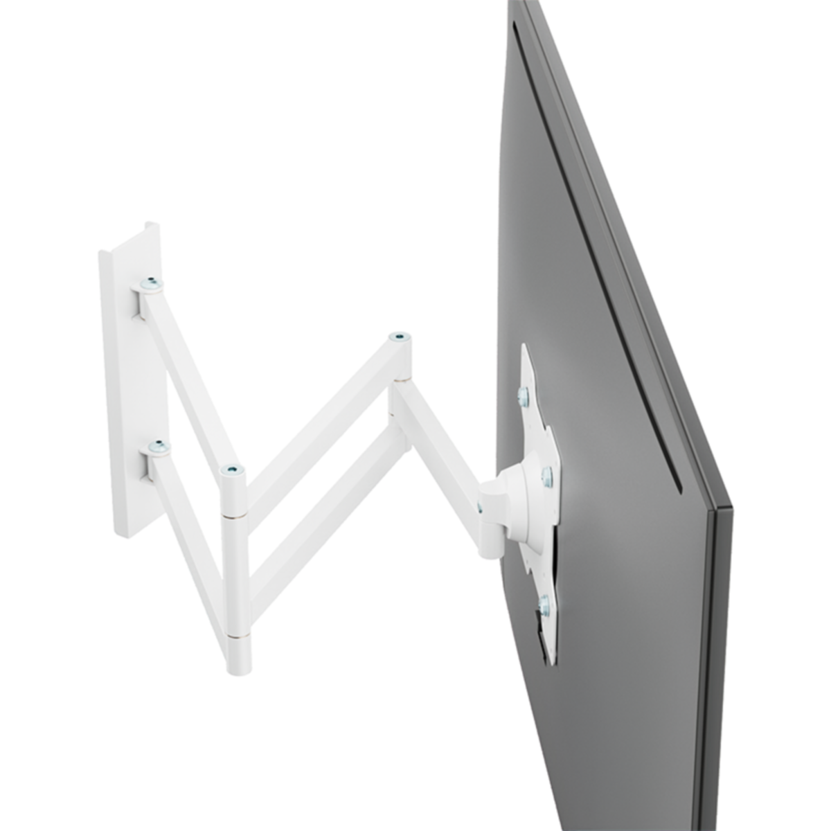 Weißer Monitorarm an einer Wand befestigt, mit einem darauf montierten Monitor.
