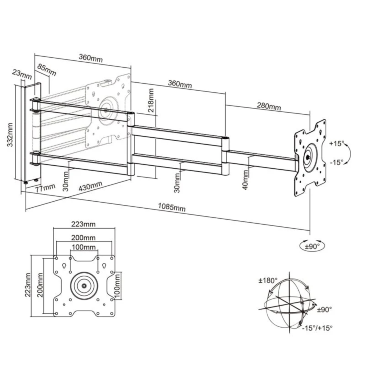 Diagram of a TV mount with dimensions and angles, in black and white.