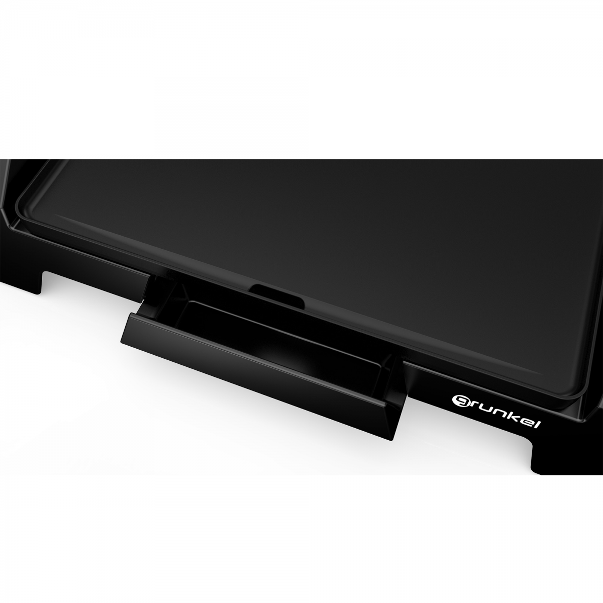 Czarna płyta grillowa z szufladą na białej powierzchni, widoczna nazwa marki.