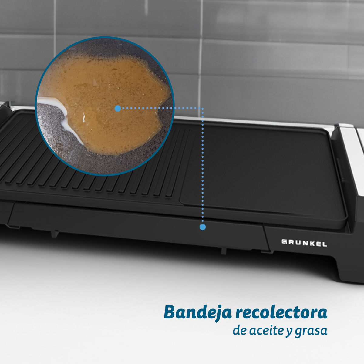 Parrilla con aceite y grasa en la superficie de cocción. Texto abajo dice 'Bandeja recolectora'.