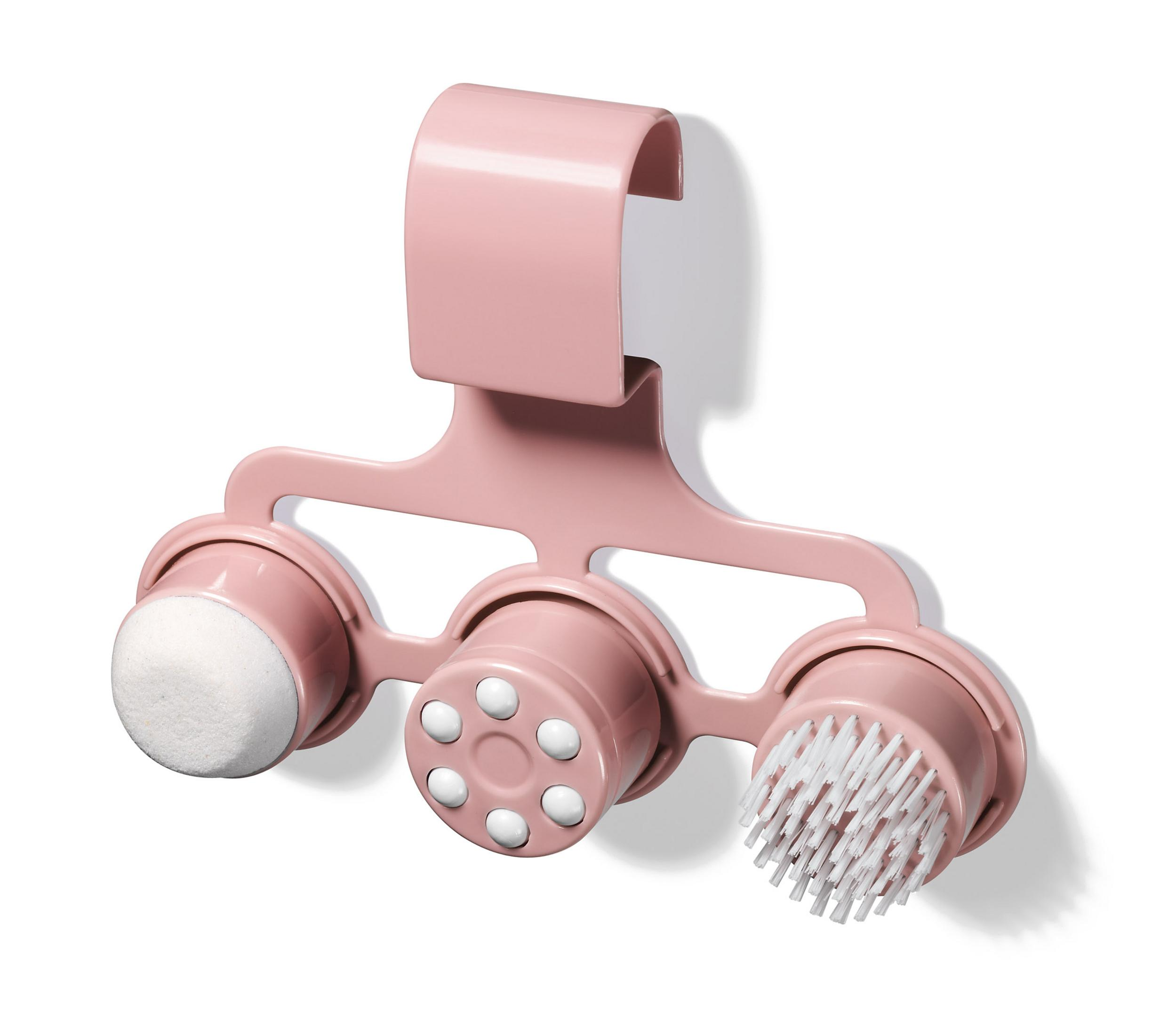 Strumento di pulizia rosa con tre testine rotanti: spugna, massaggiatore e spazzola.
