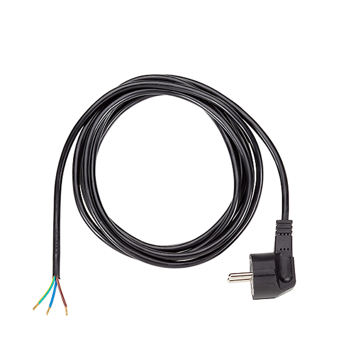 Czarny kabel zasilający z wtyczką i odizolowanymi przewodami.