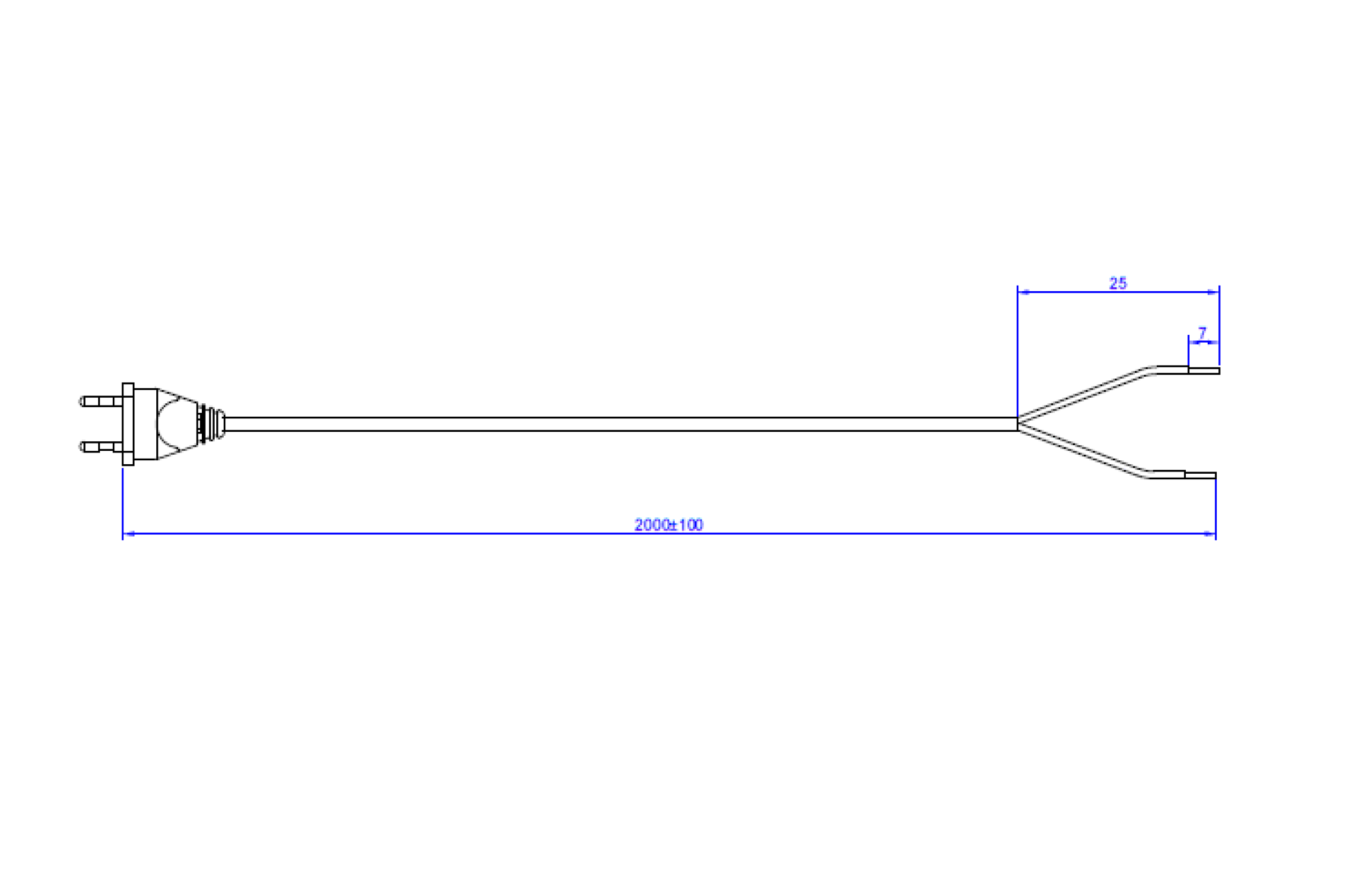 Technical drawing of a cable with a plug and connectors.