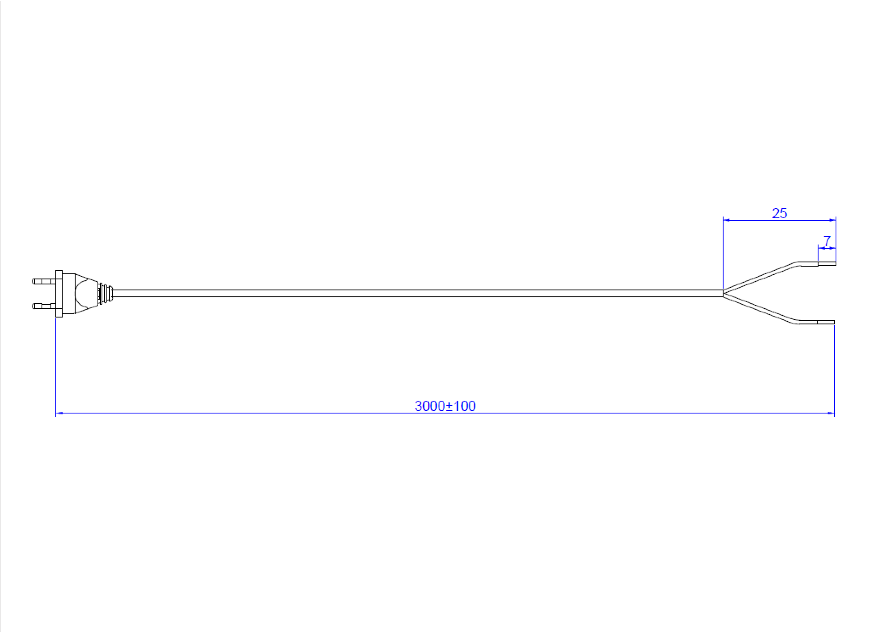 A long power cable with a European plug and a split end, with length markings in mm.