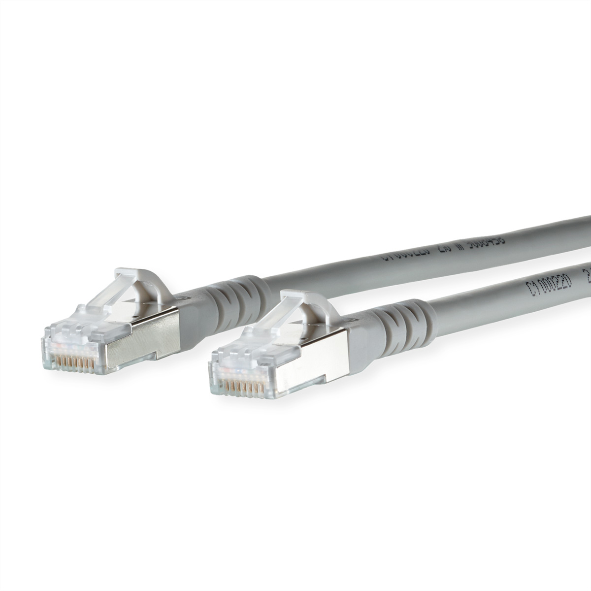Zwei graue Ethernet-Kabel mit transparenten Steckern.