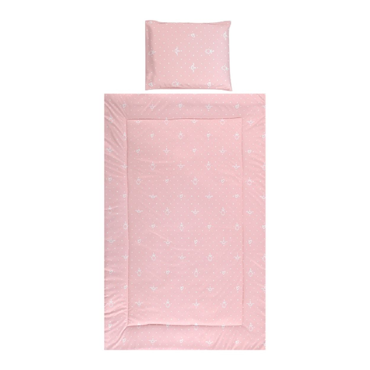 Rosa Baby-Bettwäsche-Set. Enthält ein Kissen und eine Steppdecke mit weißen Punkten und Kronenmustern.