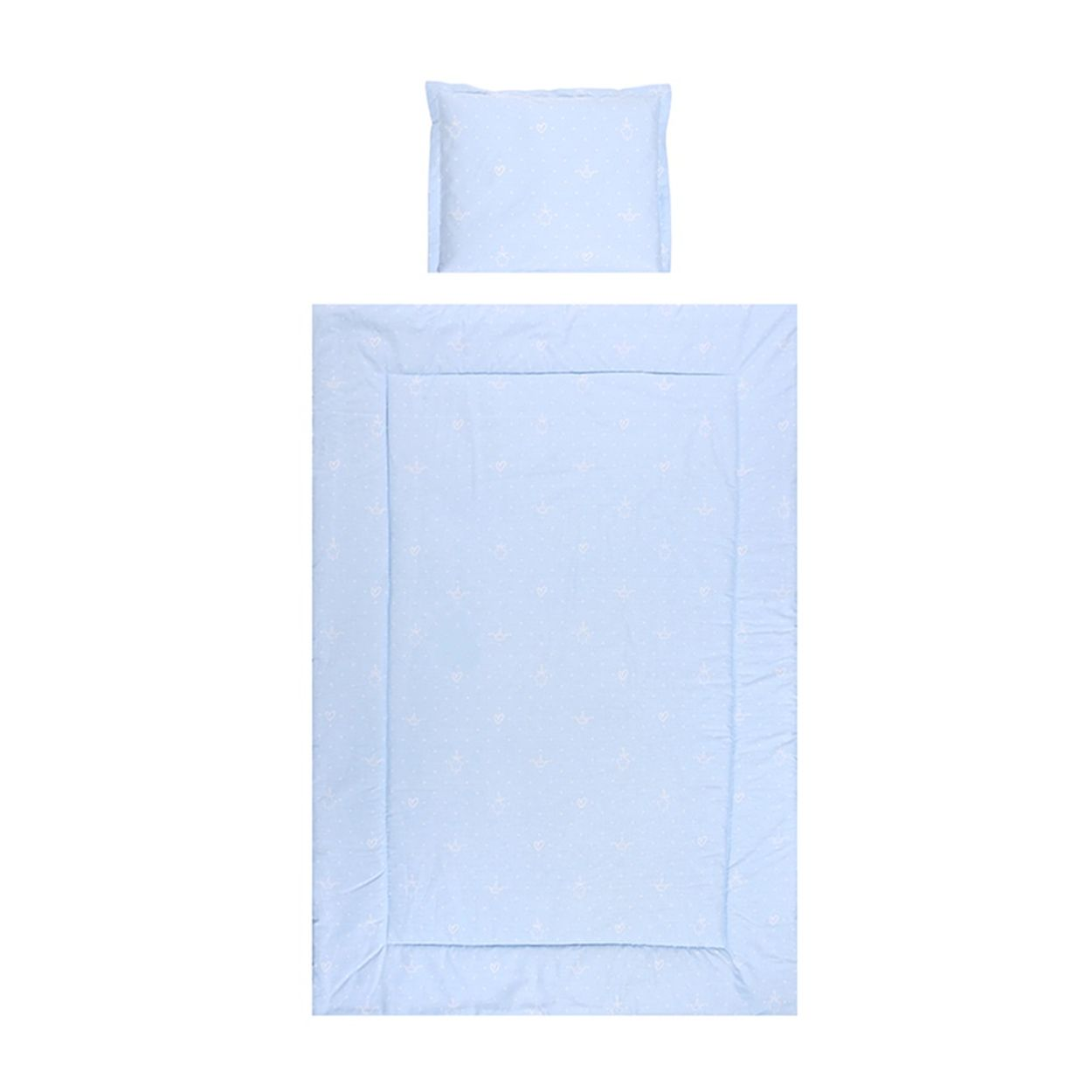Blaues Baby-Bettwäsche-Set: ein Kissen und ein Laken.