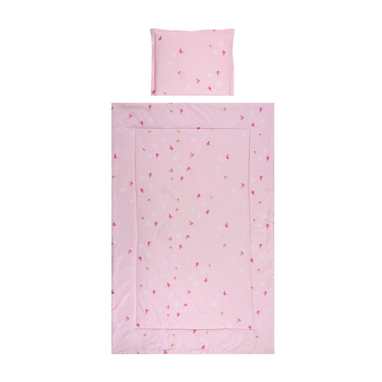 Ein rosa Babybettset mit Kissen und Decke, mit einem Muster aus kleinen Blumen.