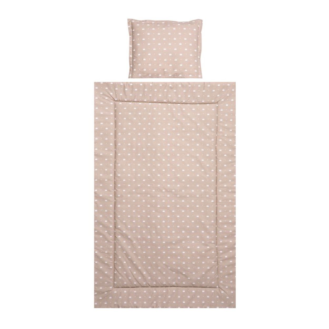 Babybettwäsche-Set, beige mit weißen Tupfen. Enthält ein Kissen und eine Decke.
