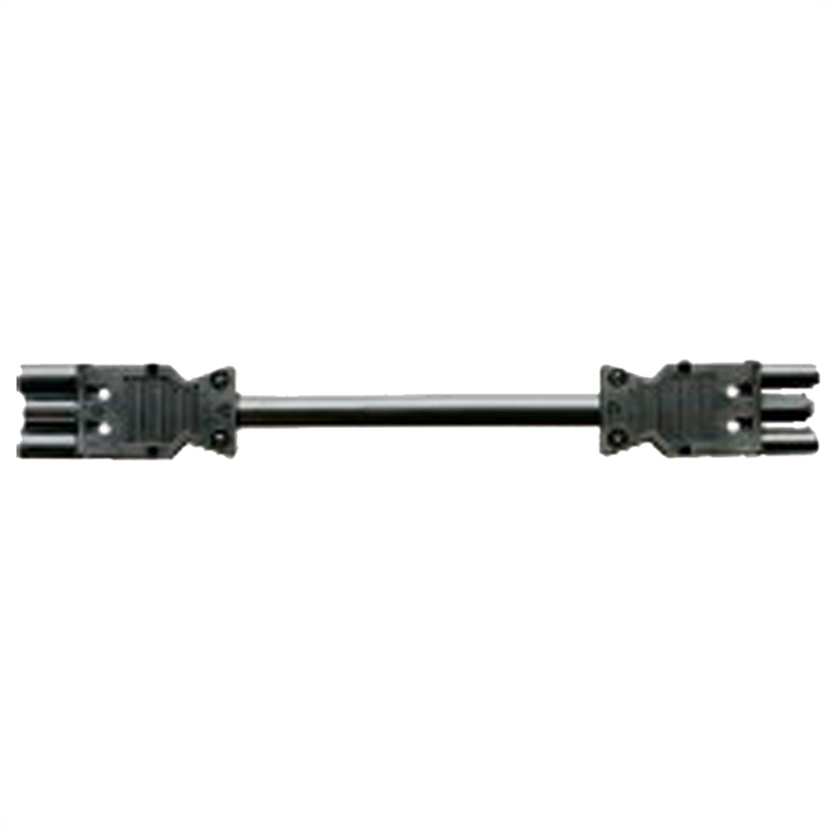 Donkergrijze connectoren verbonden door een metalen staaf, op een witte achtergrond.