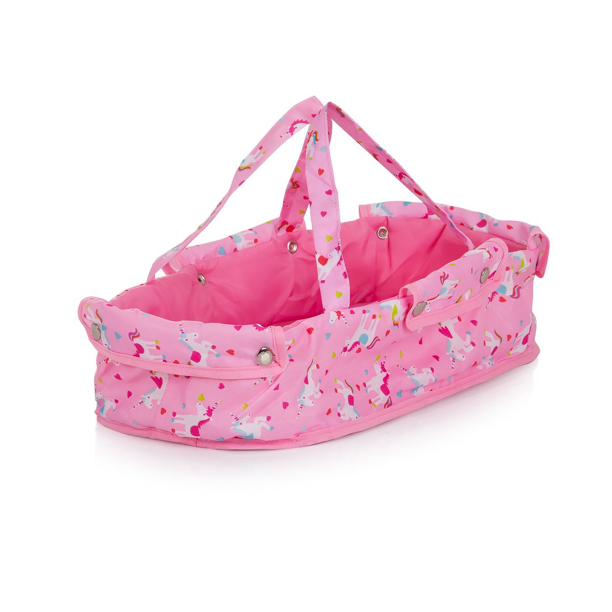 Portabebés rosa con estampado de unicornios y asas. Fondo blanco.