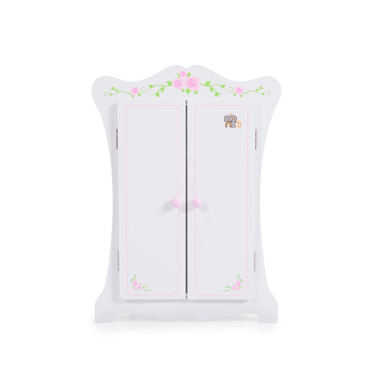 Weißer Holzschrank mit rosa Rosen, Türgriffen und "moni" Logo.