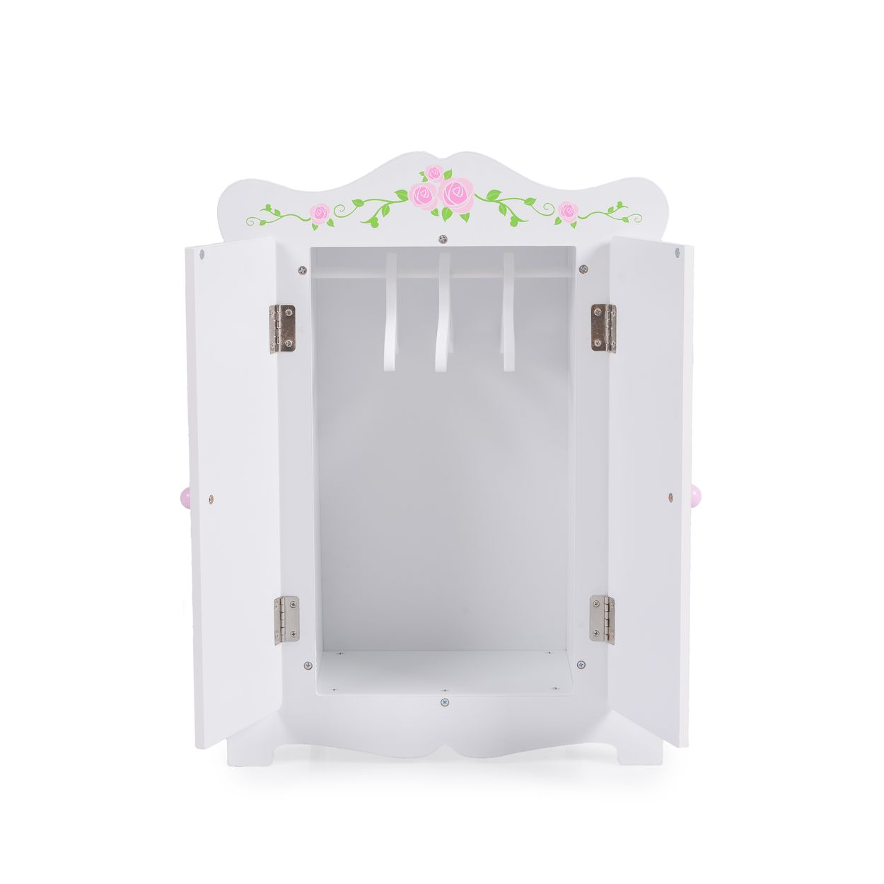 Ein weißer Puppenkleiderschrank mit offenen Türen, floralen Akzenten und einem rosa Griff an jeder Tür.