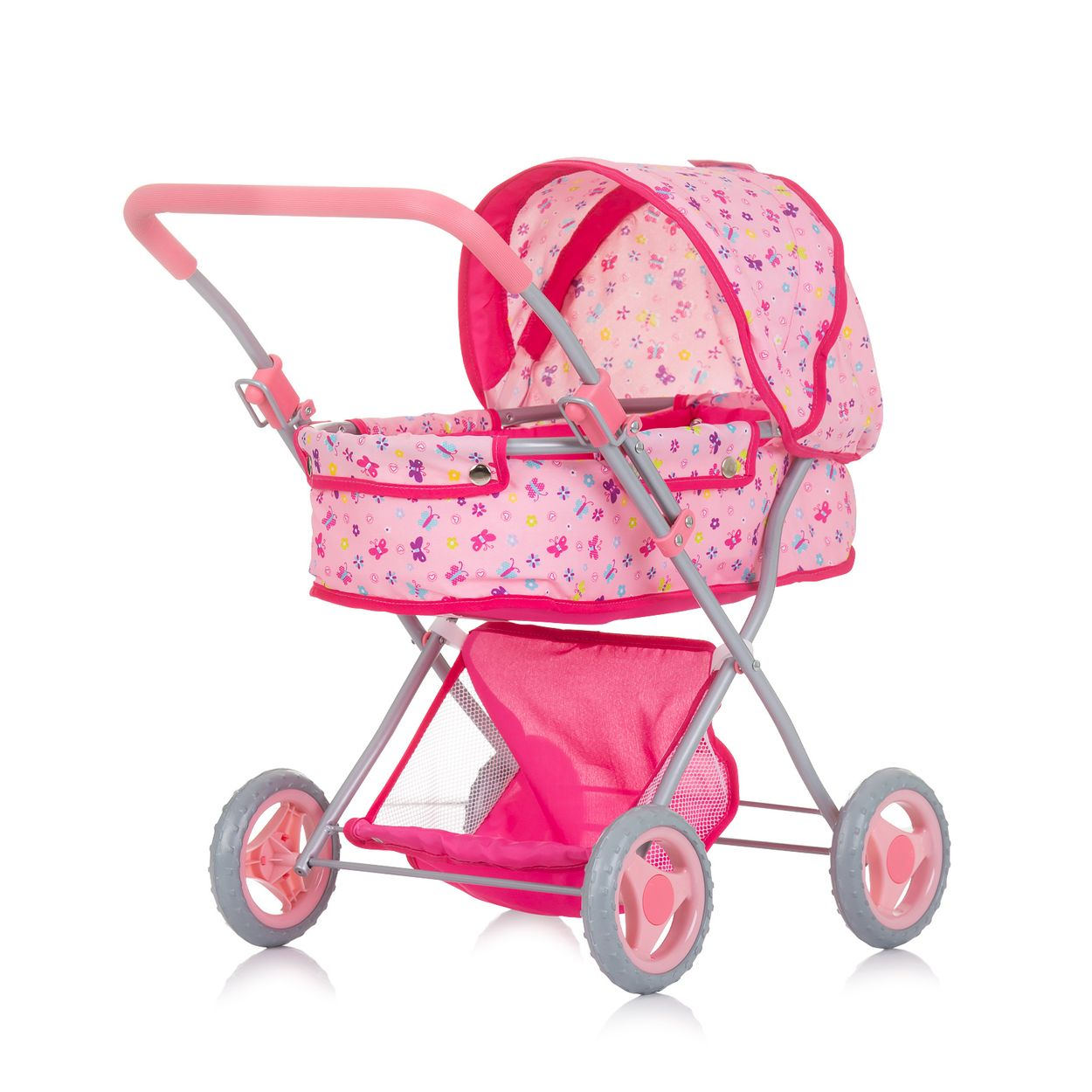 Rosa Spielzeug-Kinderwagen mit floralem Verdeck, rosa Rädern und rosa Aufbewahrungskorb.