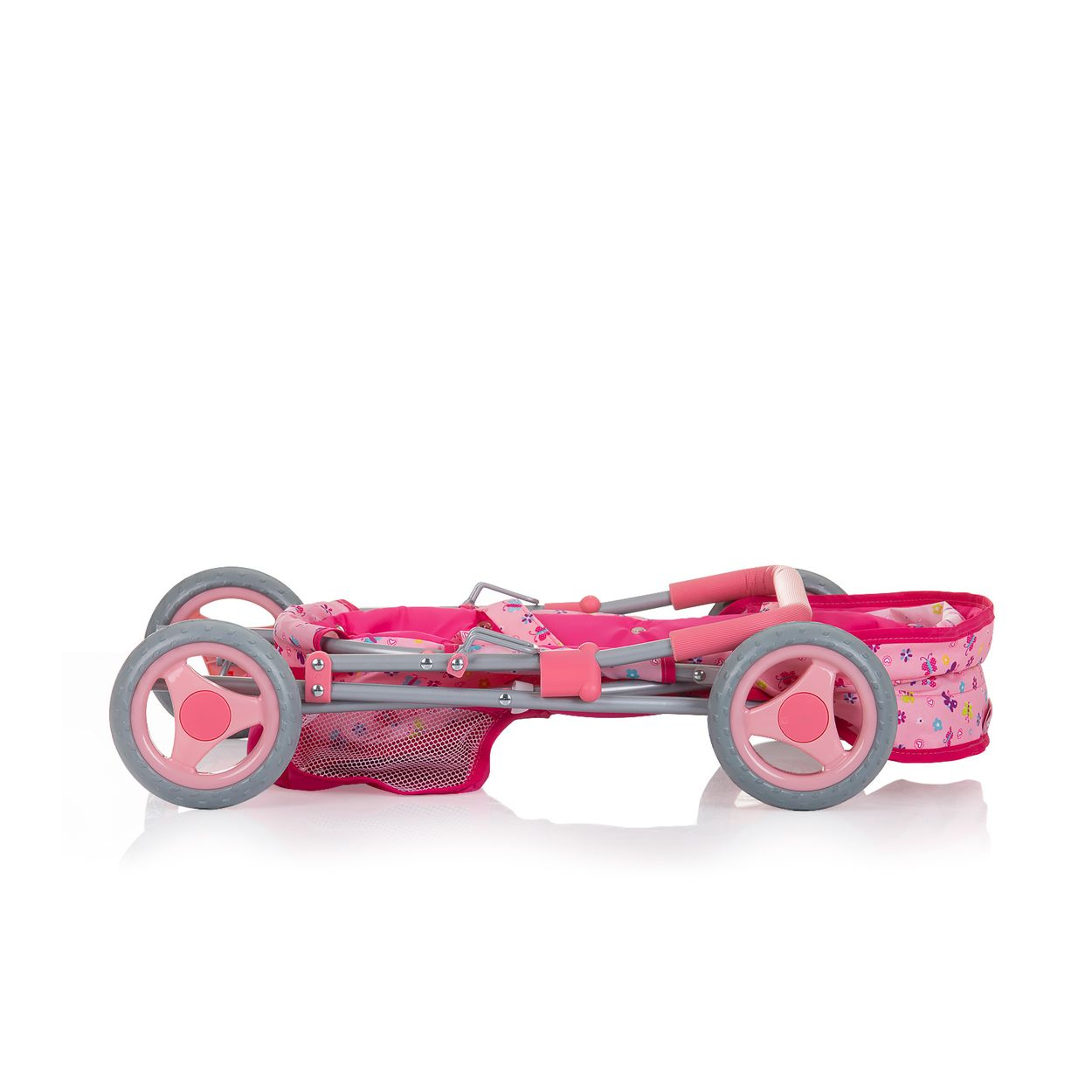 Ein rosa Puppenwagen mit vier Rädern, einem Korb und einem Griff.