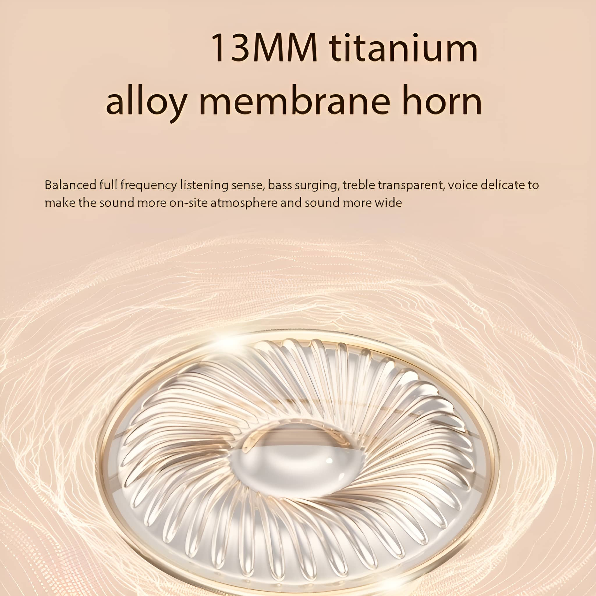 Nahaufnahme eines Ohrhörers mit Text: 13MM Titanlegierungsmembranhorn und Beschreibung des Klangs.