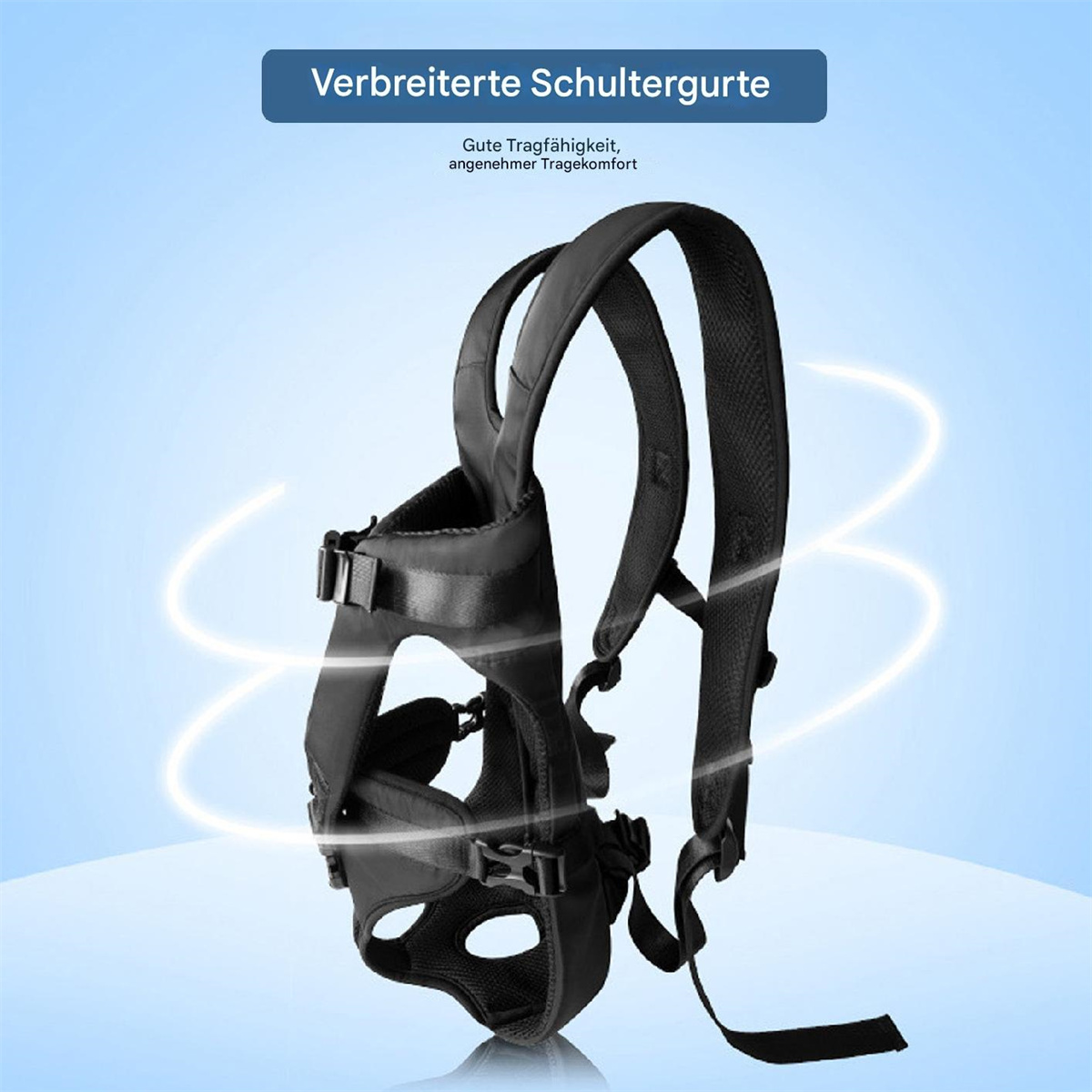 Schwarze Babytrage mit deutschem Text auf blauem Hintergrund, Design wird gezeigt.