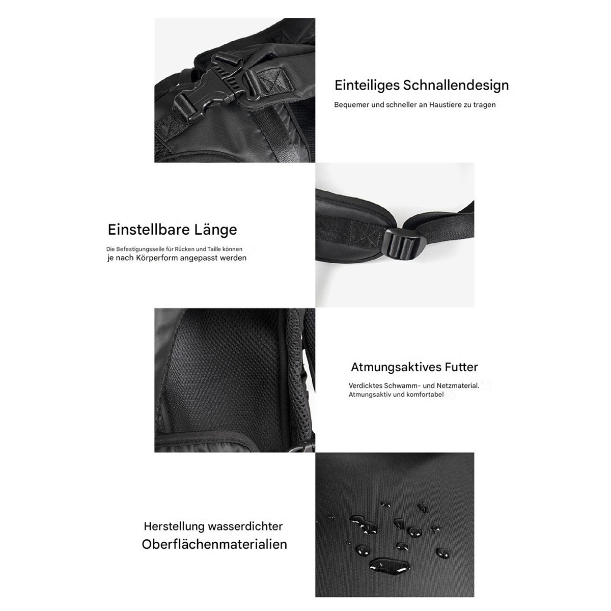 Nahaufnahmen eines schwarzen Rucksacks mit Text: verstellbare Länge, atmungsaktives Futter und wasserdichte Materialien.