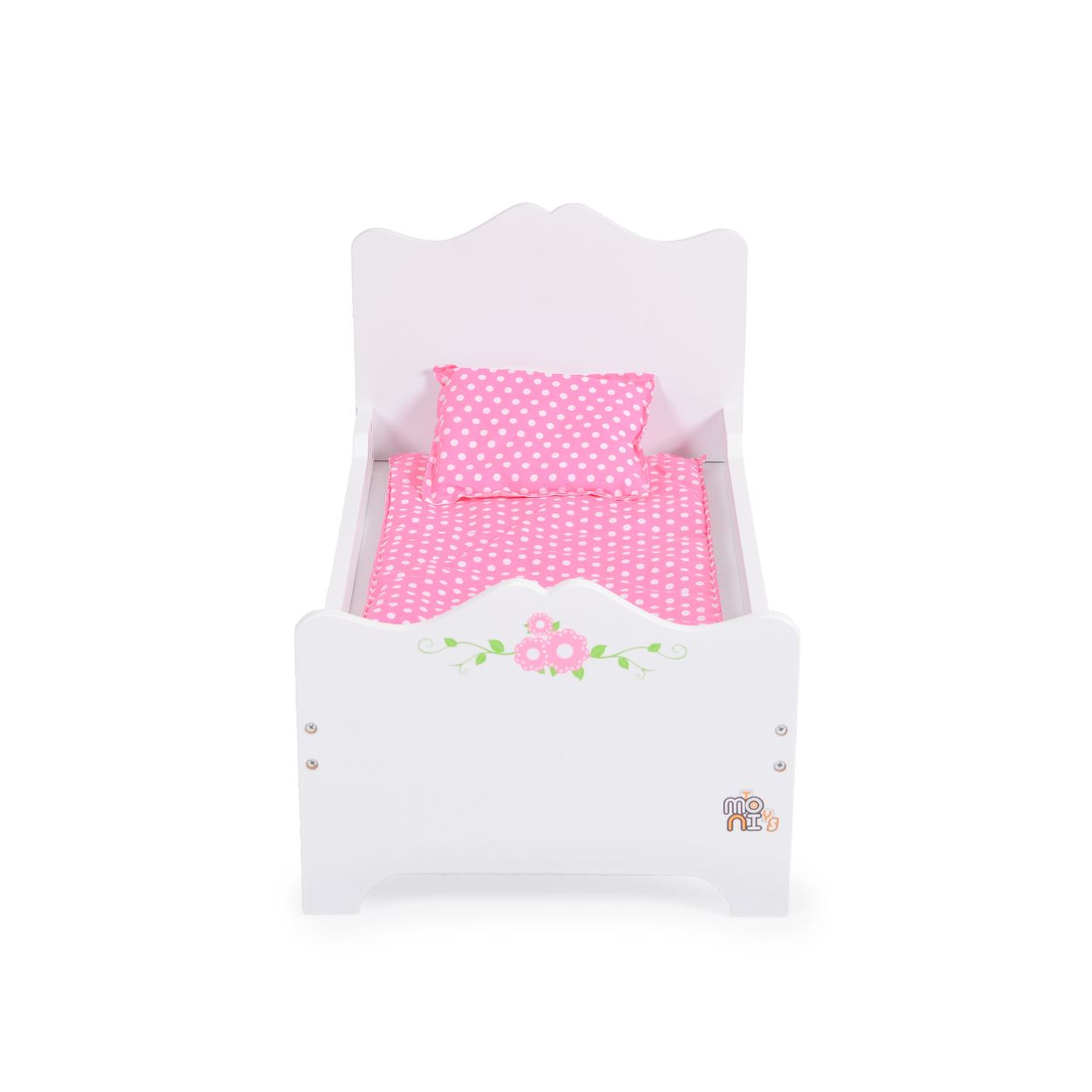 Ein weißes Puppenbett mit rosa Bettwäsche und Blumendesign, von oben betrachtet.