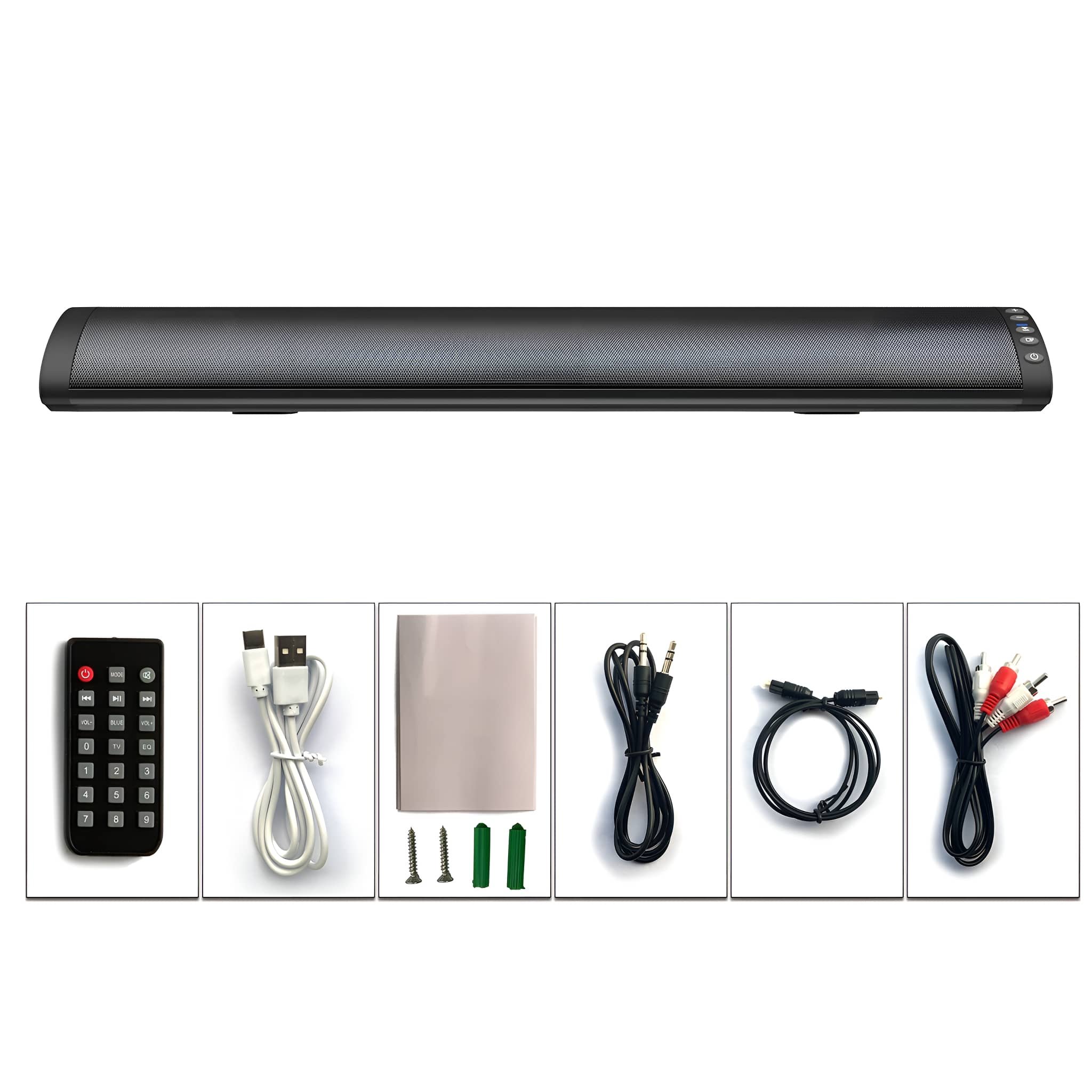 Eine schwarze Soundbar mit Fernbedienung, USB-Kabel und anderem Zubehör, alles auf weißem Grund.