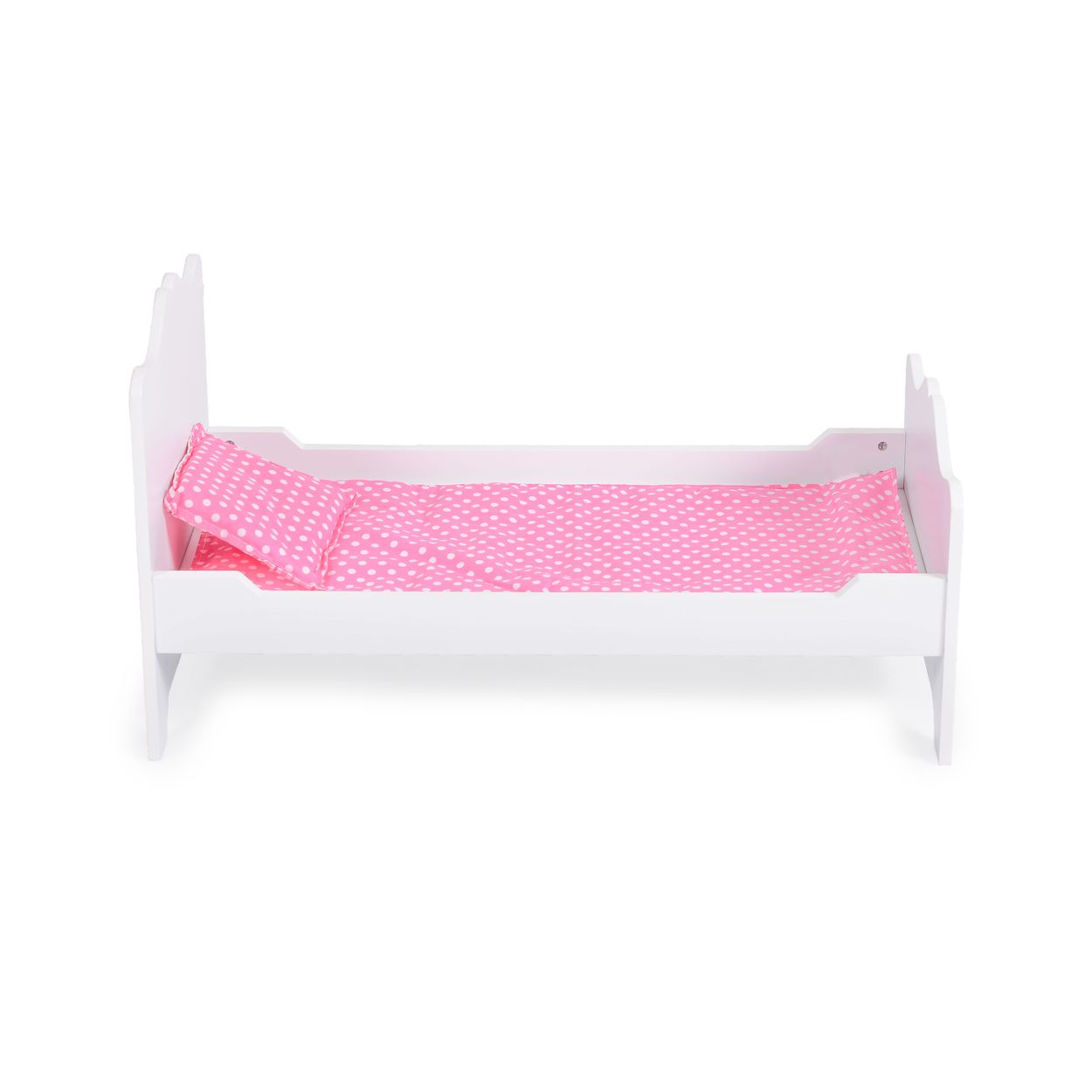 Weißes Puppenbett mit rosa gepunkteter Bettwäsche und einem Kissen, auf weißer Oberfläche.
