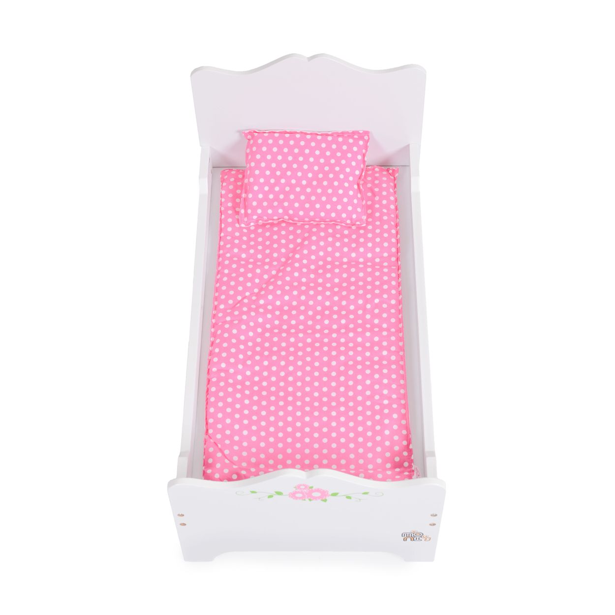 Weißes Puppenbett mit rosa gepunkteter Bettwäsche, einem Kissen und einer Decke.