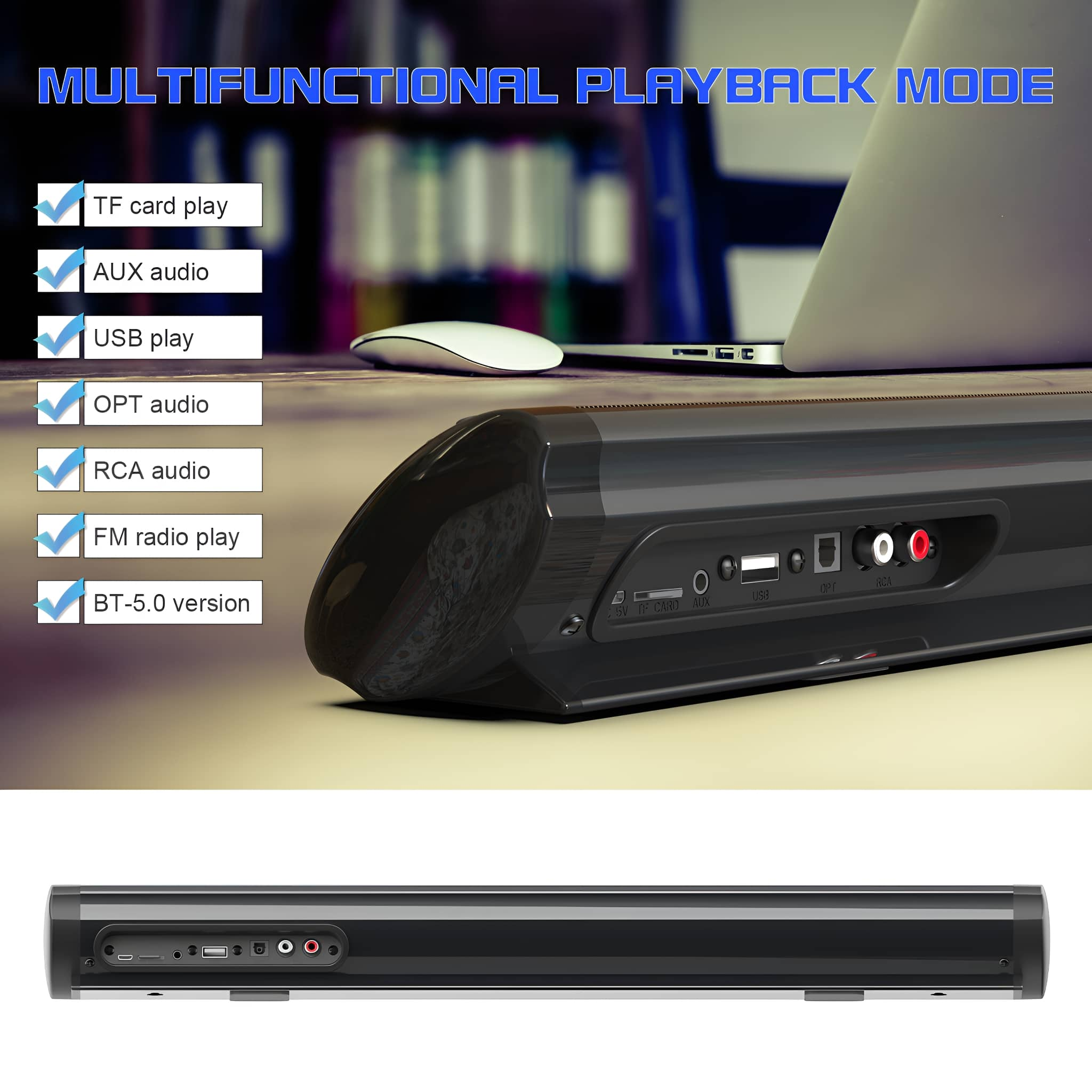 Schwarze Soundbar mit Anschlüssen. Oben sind Häkchen für verschiedene Wiedergabemodi und ein Laptop im Hintergrund.